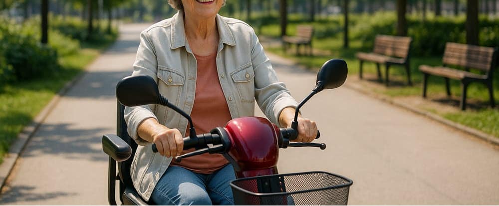 Vrouw rijdt voor het eerst zelfstandig met scootmobiel in het park op een zonnige dag