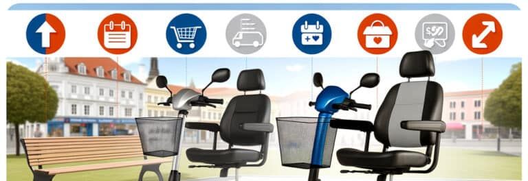 Illustratie met diverse scootmobielen, symbolen voor koop, lease en WMO/PGB, en iconen voor snelheid, bereik en comfort.