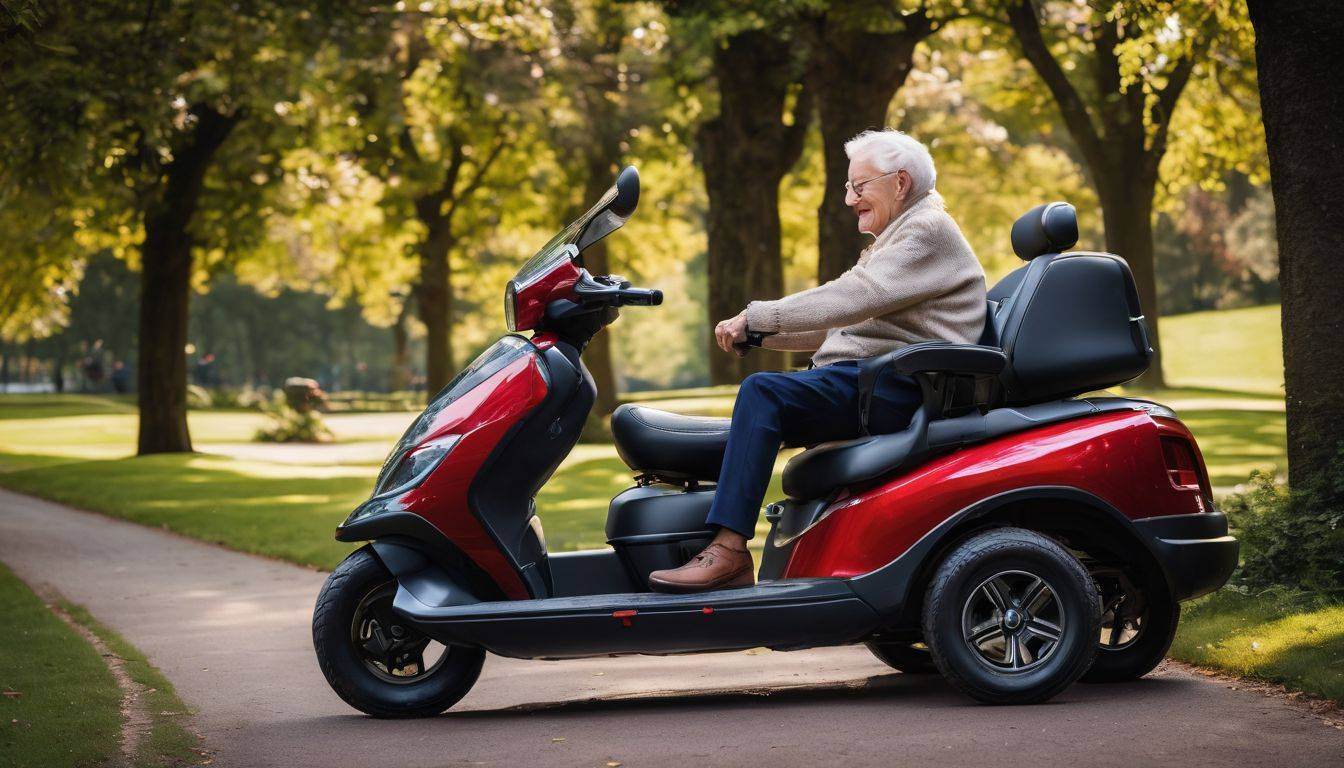 Een persoon met grijs haar, een bril en een beige trui, rijdt op een rode scootmobiel op een geplaveid pad door een park. Bomen met groene bladeren staan langs het pad en zonlicht filtert door de takken.