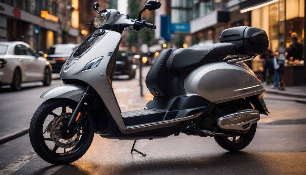 Een strakke, moderne zilveren scooter geparkeerd op een drukke stadsstraat. Het ontwerp van de scooter is stijlvol, met een gladde carrosserie en donkere accenten. De achtergrond toont wazige stadslichten en auto's, wat een levendige, energieke sfeer creëert.