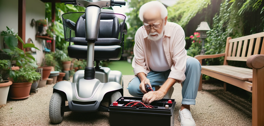 Een oudere persoon die de batterij van hun 4-wielige scootmobiel in hun achtertuin controleert