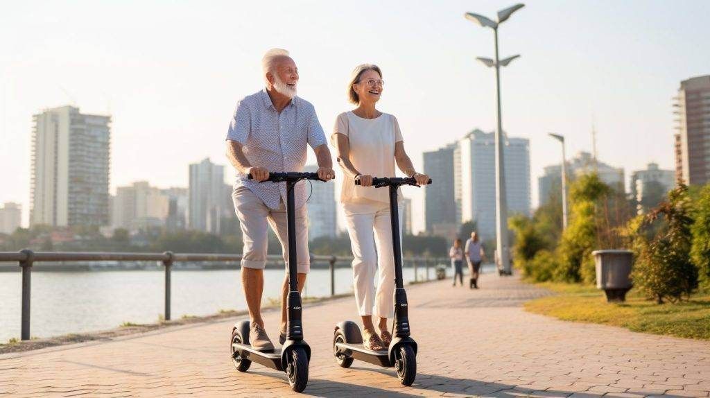 Een ouder echtpaar geniet van het rijden op elektrische scooters langs een pad langs de waterkant in een stad. De zon gaat onder en werpt een warme gloed over de moderne skyline en de bomen langs de promenade.
