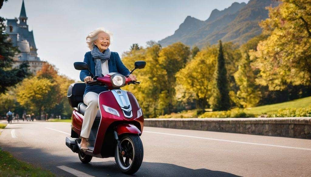 Een oudere persoon met wit haar rijdt vrolijk op een rode scooter langs een schilderachtige weg, omringd door groene bomen en bergen. Ze dragen een blauwe jas en sjaal en genieten van een zonnige dag.
