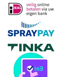 Logo's van vier betaaldiensten: iDEAL, SprayPay, Tinka en in3, verticaal gerangschikt.