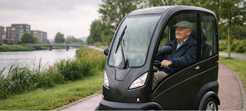 Overdekte scootmobiel in Almere waarmee je droog en beschut blijft rijden bij regen en wind