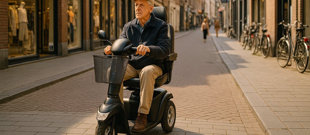 Gebruiker rijdt op een 3-wiel scootmobiel door het centrum van Arnhem over een vlakke stoep.