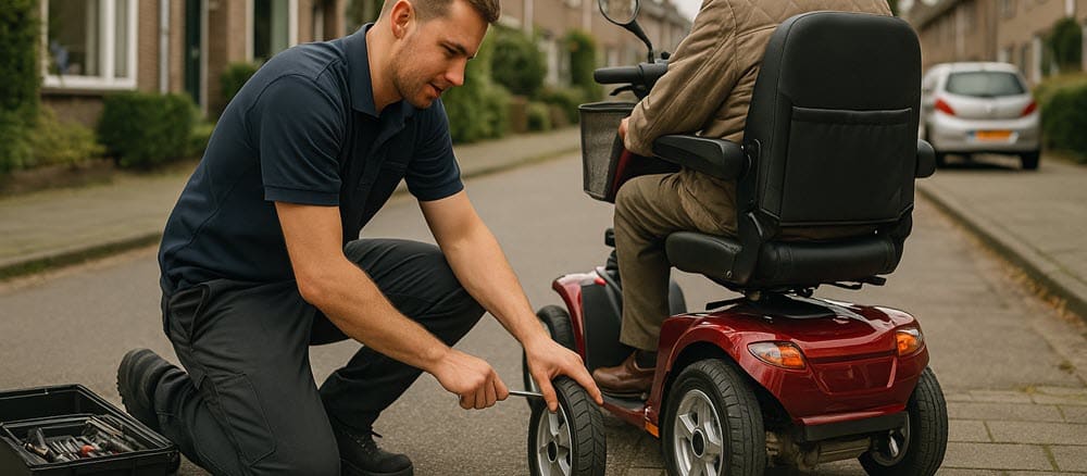 Monteur van Scootmobiel Centrum voert onderhoud uit aan een scootmobiel bij een klant thuis in Arnhem