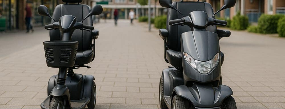 Scootmobiel met 3 wielen en scootmobiel met 4 wielen naast elkaar geparkeerd