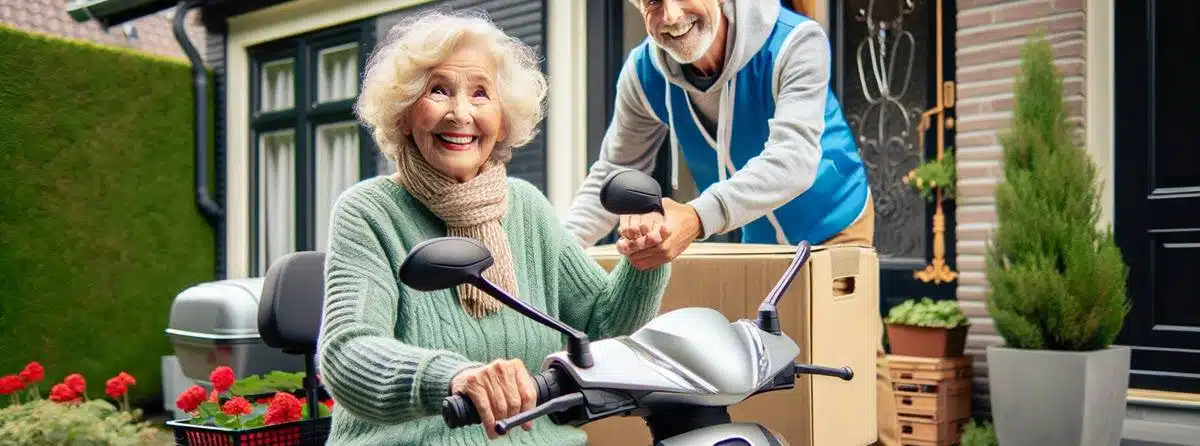 Een gelukkige senior die een nieuwe scootmobiel online bestelt en thuis laat bezorgen.