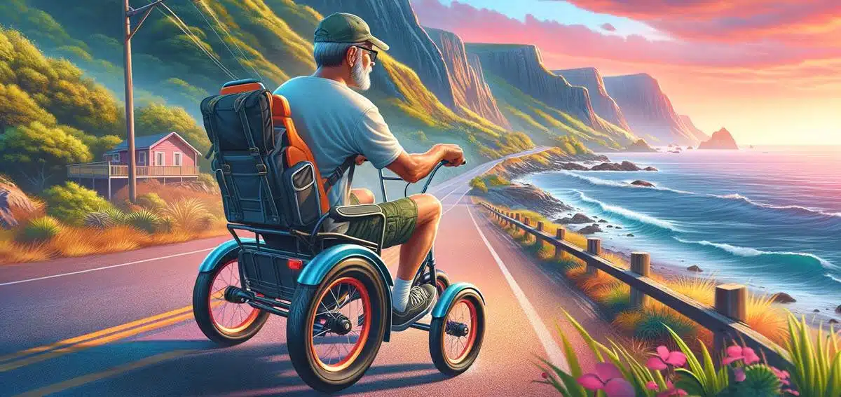 een scène van een driewieler op een kustweg met een volwassen man