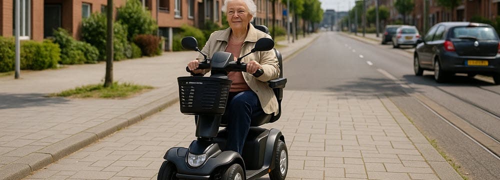 Gebruiker rijdt met een scootmobiel in een stedelijke omgeving