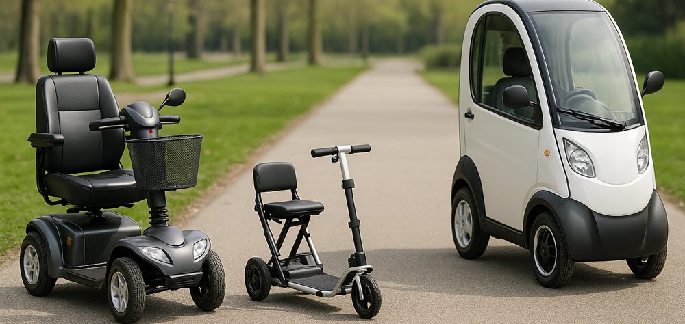 Verschillende soorten scootmobielen in Utrecht: vaste 4-wiel, opvouwbare en overdekte modellen.