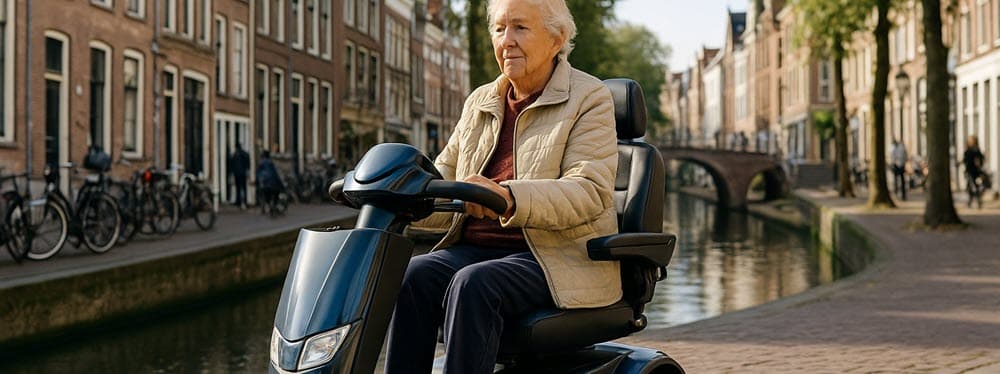 Inwoner van Utrecht rijdt op een scootmobiel door de stad als Wmo-hulpmiddel.