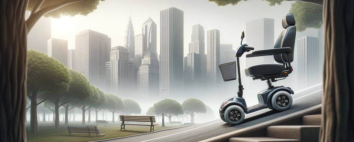 Een scootmobiel navigeert over een steil pad in een rustig park, omringd door bomen en bankjes. Op de achtergrond doemt een skyline van de stad op door een zachte mist. Ontdek de voor- en nadelen van 4-wiel scootmobielen terwijl ze naadloos over diverse terreinen glijden.
