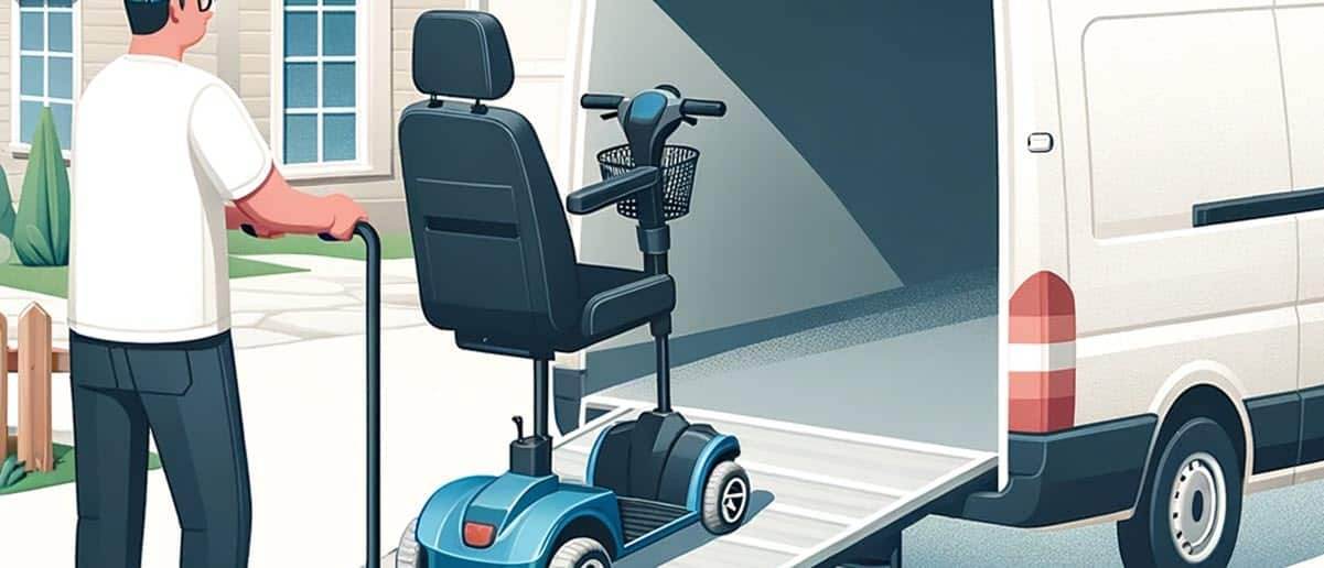 Een persoon, met een wandelstok in de hand, staat naast een blauwe scootmobiel die op een helling voor scootmobielvervoer in een busje wordt geladen. De scène speelt zich buiten af op een zonnige dag, met een modern huis en groen op de achtergrond.