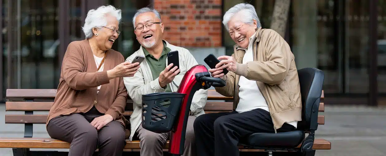 Drie lachende senioren zitten buiten op een bankje te lachen en houden een smartphone vast. Eén persoon zit op een scootmobiel. Ze lijken samen te genieten van online vermaak op hun telefoons.
