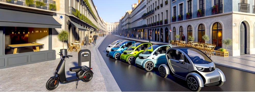 Rijbewijsvrije elektrische mini-auto’s, zoals de For Motion Dike en Move E4, geparkeerd in een moderne stadsstraat, ideaal voor binnenstedelijk gebruik