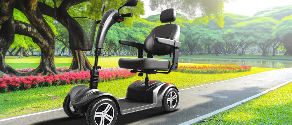 Luxe scootmobiel met comfortabele stoel, windscherm en handige accessoires, ontworpen voor maximaal comfort en gebruiksgemak