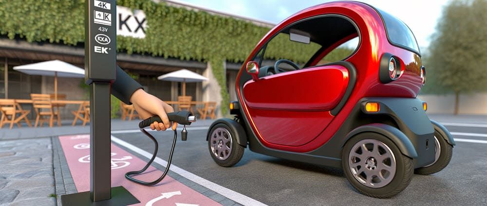 Compacte elektrische Move E3 mini-auto die wordt opgeladen bij een openbare laadpaal, illustrerend goedkoop en milieuvriendelijk elektrisch rijden.