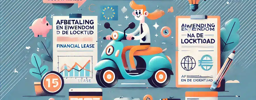 Een brede banner die de voordelen en kenmerken van financial lease uitbeeldt, bijvoorbeeld door een grafische weergave van eurotekens en een scootmobiel