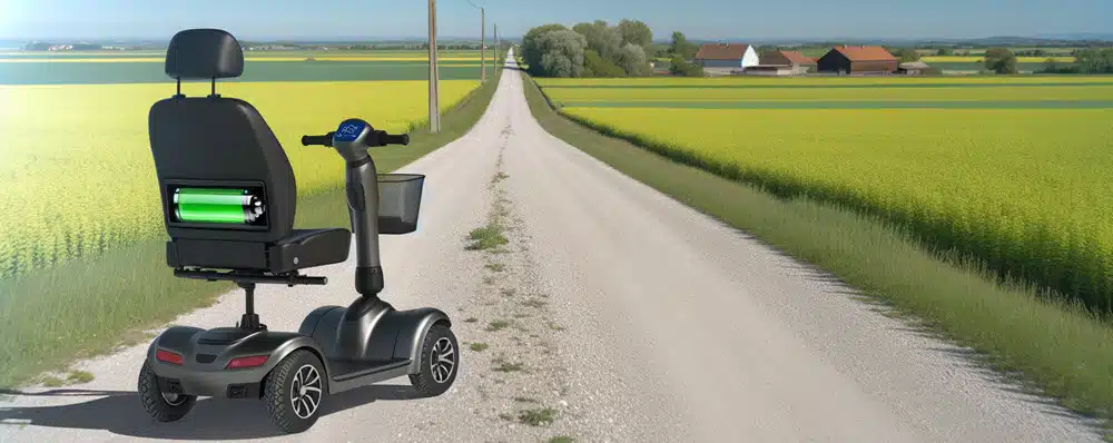 Scootmobiel met groot bereik op een landelijk weggetje, ontworpen voor lange afstanden en optimaal rijcomfort