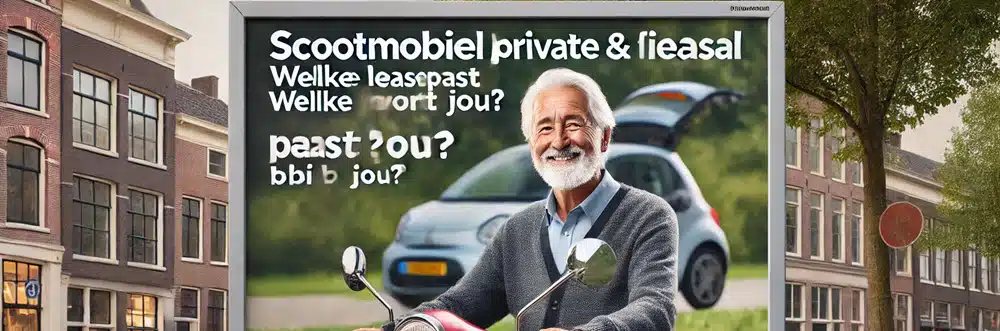 Banner met tekst ‘Scootmobiel Private Lease & Financial Lease’ en afbeelding van senior op scootmobiel