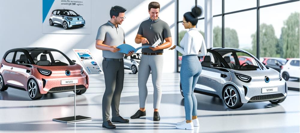Specialist in een showroom geeft advies over het kopen, leasen of aanvragen van een elektrische mini-auto via WMO of PGB