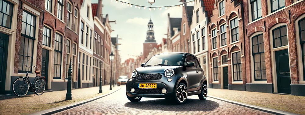 Brommobiel in het historische centrum van Harderwijk, rijdend door een smalle straat.