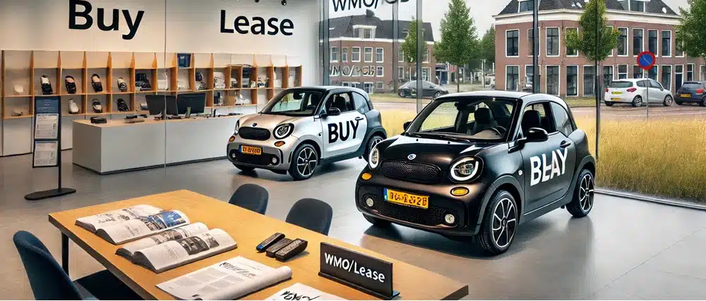 Twee brommobielen met ‘koop’ en ‘lease’ labels, verwijzend naar WMO/PGB financiering in Harderwijk