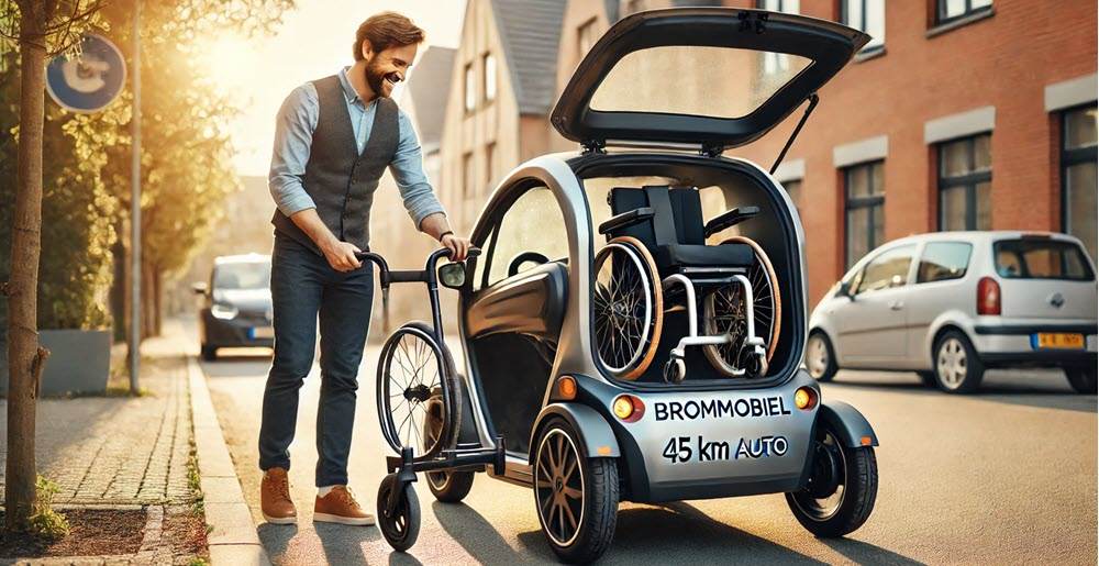 Een persoon, lachend, plaatst een rolstoel achterin een compacte, op maat gemaakte Brommobiel op maat met het opschrift 45 km auto op een zonnige woonstraat. Het luik van het voertuig staat open en er staan meerdere autos in de buurt geparkeerd.