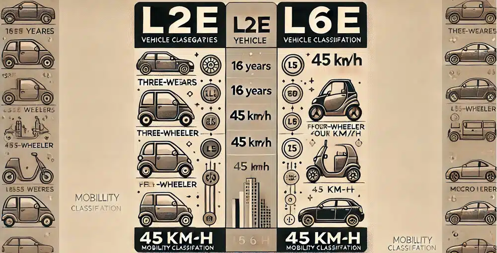 Infografiek met L2e- en L6e-voertuigklassen voor brommobielen, inclusief snelheids- en leeftijdsregels