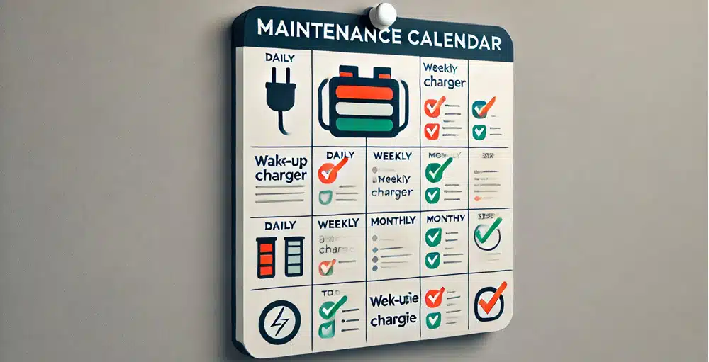 Visueel laadschema en checklist om brommobiel accu onderhoud bij te houden en een slapende accu te voorkomen"