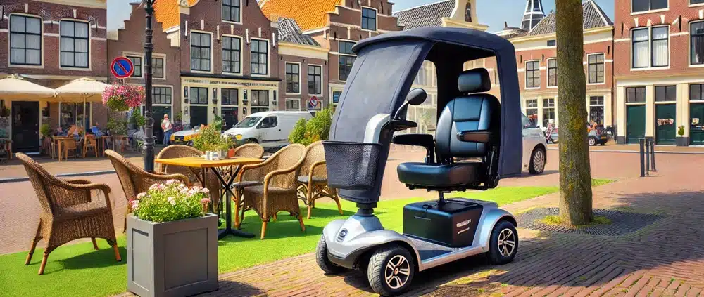 Overdekte scootmobiel in Harderwijk, geparkeerd bij een terras voor senioren en mindervaliden.