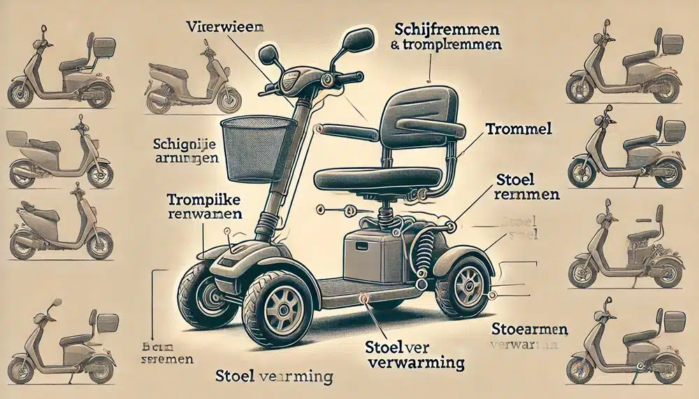 Technische doorsnede van een vierwiel scootmobiel met remsystemen en stoelverwarming als belangrijkste veiligheids- en comfortopties