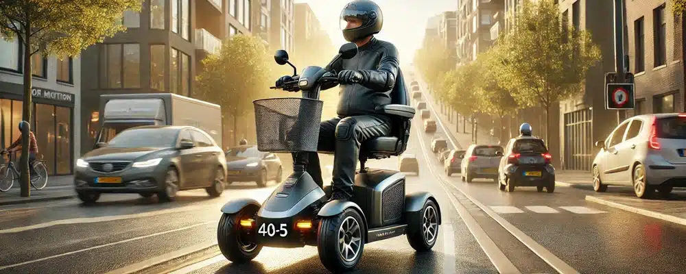 For Motion Forty-5 vierwiel scootmobiel rijdt met 45 km/u op een stadsweg met hydraulische schijfremmen en veiligheidsgordel