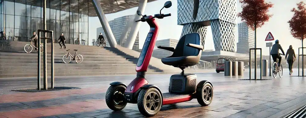 Vierwiel scootmobiel For Motion On Four met rode carrosserie en stabiel design, geschikt voor dagelijks gebruik