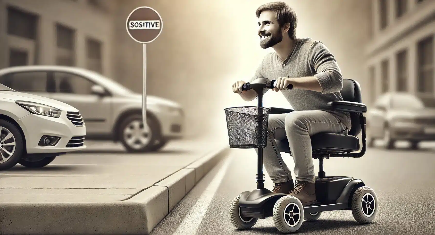 Persoon rijdt met een aangepaste scootmobiel langs stoepranden en obstakels, symbolisch voor het overwinnen van Wmo- of PGB-bezwaren en procedures.