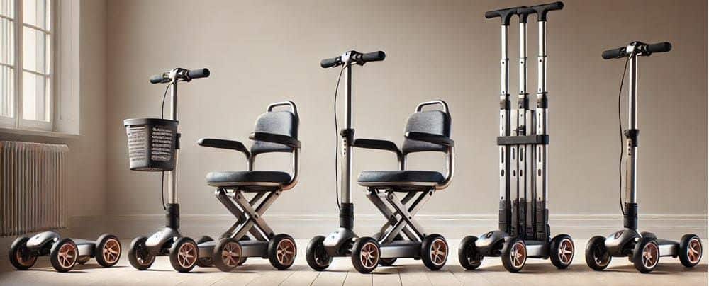 Close-up van het inklapmechanisme van een opvouwbare scootmobiel in drie fasen, van volledig uitgeklapt tot compact formaat
