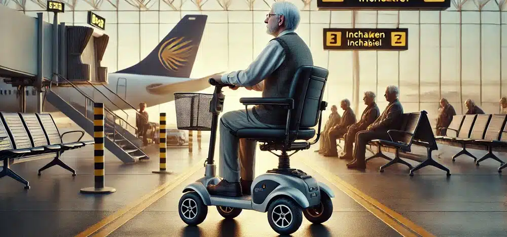 Een reiziger trekt een opvouwbare scootmobiel als een trolley over een vliegveld, klaar voor transport