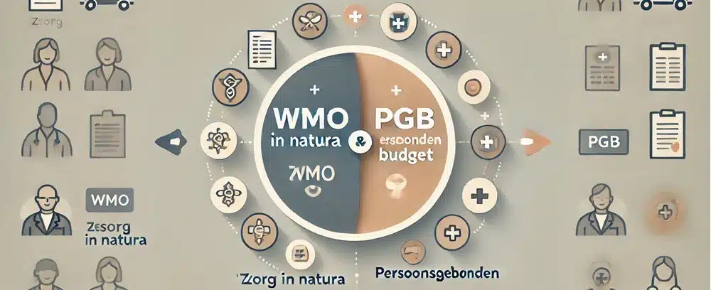 Schema van Wmo en PGB met pictogrammen voor zorg in natura en persoonsgebonden budget, illustrerend de wetgeving en rechten.