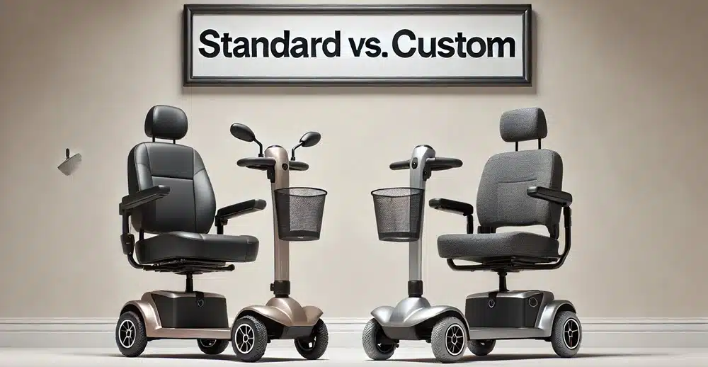 Vergelijking van een standaard scootmobiel naast een maatwerkvariant met extra aanpassingen, onderstrepende de verschillen