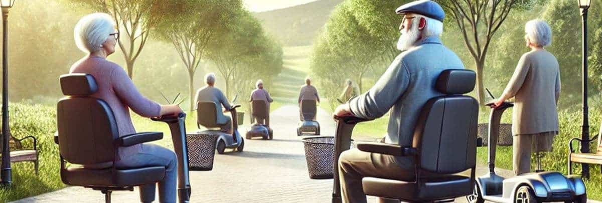 Ouderen rijden op Quingo Toura 2-scootmobielen over een zonnig pad met bomen en heuvels. Het tafereel is vredig, met meerdere mensen die dezelfde kant op gaan onder een heldere hemel.