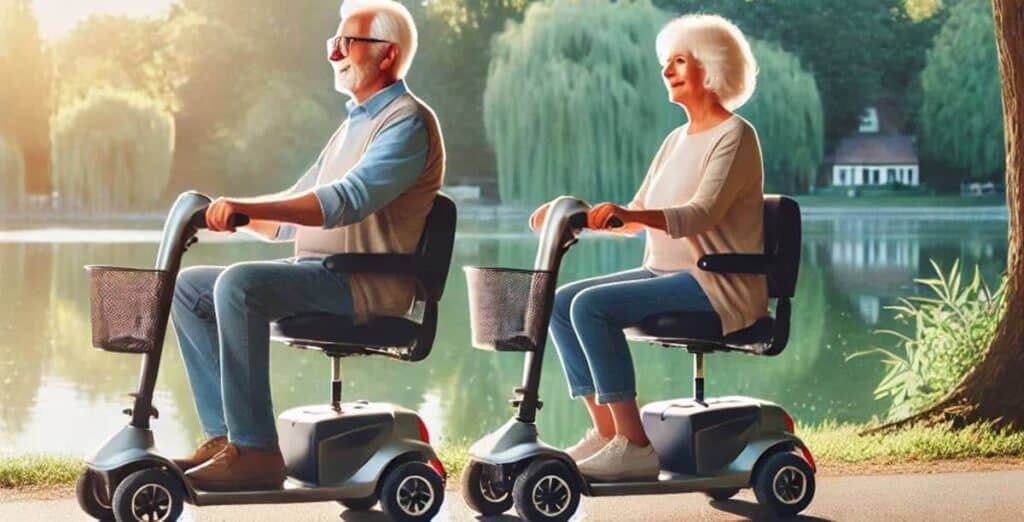 Een ouder echtpaar rijdt op scootmobielen langs een vredig meer. Ze lachen en genieten van een zonnige dag in het park, met groene bomen op de achtergrond. Hun scootmobielen op brandstof zorgen ervoor dat ze moeiteloos elke hoek van het schilderachtige pad verkennen.