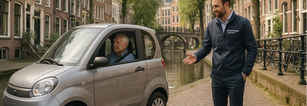Klant maakt een proefrit met een brommobiel langs de gracht in Utrecht met een adviseur van Scootmobiel Centrum