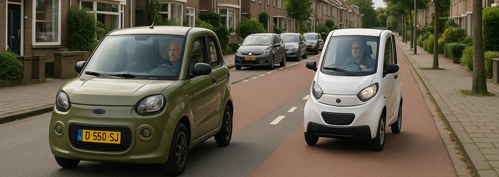 Brommobiel op de rijbaan en een scootmobiel auto op het fietspad in een woonwijk in Utrecht