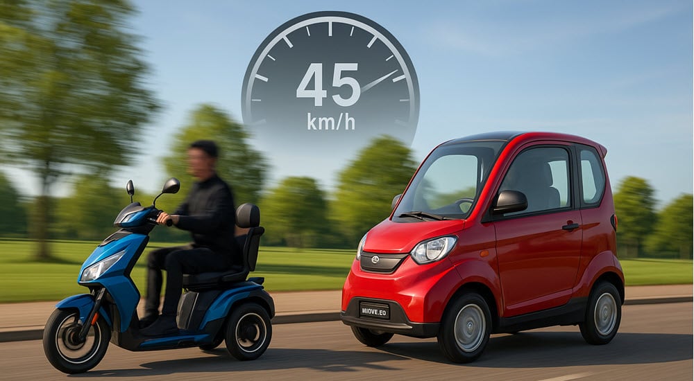 De For Motion Forty-5 en de overdekte Move E4, twee 45 km/u scootmobielen in actie op een rustige weg