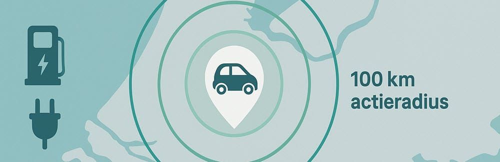 Kaart die 100 km actieradius van elektrische brommobiel in de Randstad visualiseert