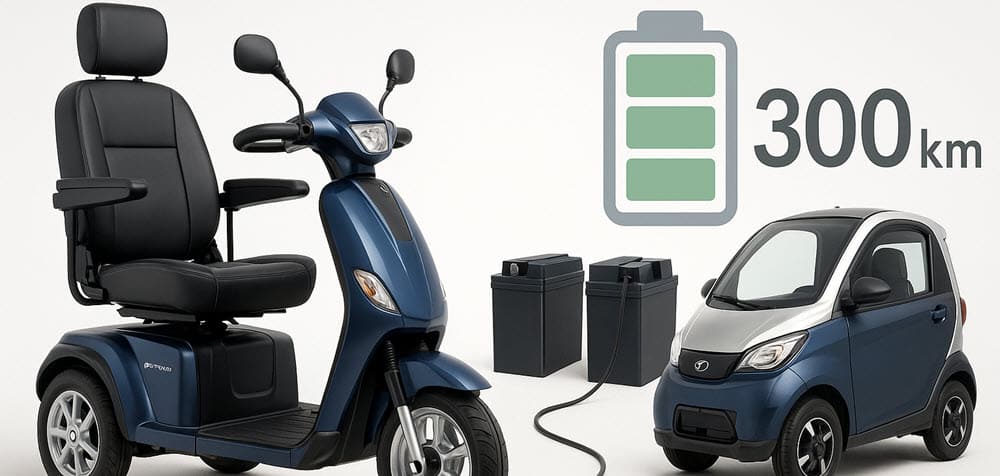 Moderne scootmobiel met dubbele accu’s en oplaadpunt, symbool voor een grote actieradius tot wel 300 km