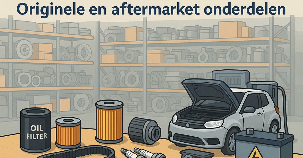 Collage van originele en aftermarket brommobielonderdelen, inclusief riemen, bougies en accu’s in een magazijn