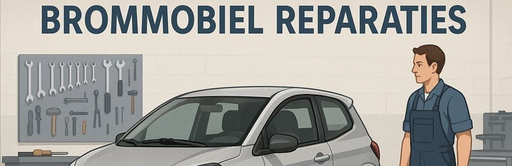Introductiebanner met moderne brommobiel en monteur die reparaties voorbereidt in een garageomgeving